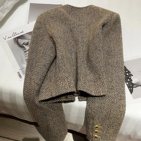 Cropped Tweed Jacket Women Elegant Short Blazer Autumn - Picture 3 of 6